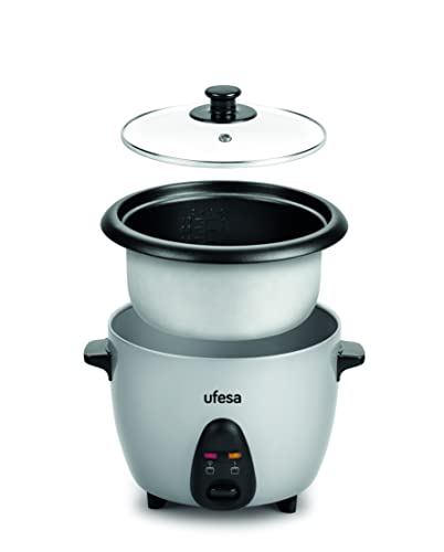 Ufesa AR4010 Jasmin Arrocera, 1L, 400W, Tapa de Cristal, Cubeta Antiadherente Extraíble, Vaso Medidor y Cuchara Incluidas, Función Mantener Caliente, Color Acero