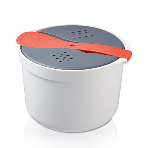 Microondas Cocina de Arroz, Olla Arrocera Vaporera con Tapa y Colador para Microondas, Olla Arrocera de 2L para Microondas, Cocedor de Arroz y Grano para Microondas