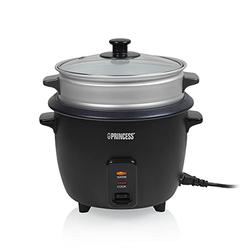 Princess 271936 Arrocera y vaporera eléctrica, 1 L de capacidad, 5 raciones, 400 W, cesta para cocinar al vapor, libre de BPA, función para mantener el calor, revestimiento antiadherente, negra mate