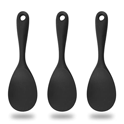 3 Piezas Cuchara de Arroz de Silicona Antiadherente, MultifuncióN Cuchara Arrocera de Silicona, se Puede Colgar Cuchara para Servir Arroz de Silicona Utensilios de Cocina (Negro)