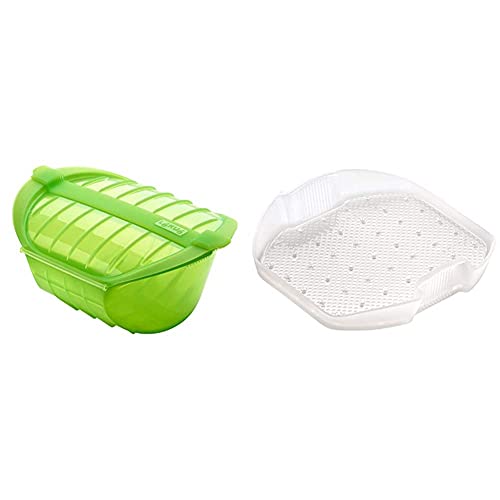 Lékué Estuche Hondo Xl Para El Microondas, Capacidad De 1000 Ml, Para 3-4 Personas, Color Verde + Bandeja Multifunción De Silicona, 3-4 Personas, Translúcido