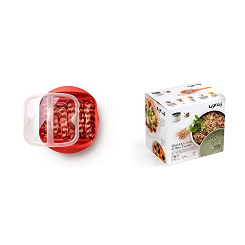 Lékué Microwave Bacon Cooker, Rojo, 28.2x6x24.9 cm & Recipiente para cocinar Quinoa, Arroces y Cereales, 1 Litro, Color Verde