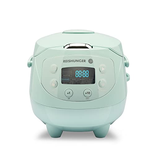 Reishunger Mini Olla Arrocera Eléctrica y Vaporera en Menta hasta 3 Personas (0.6 l) – Hervidor de Arroz con 8 Programas - Con Pantalla LED y Función Automática de Mantenimiento del Calor