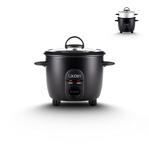 Lauben Rice Cooker 600BC - Arrocera pequeña con capacidad de 0,6 l, inserto de vapor de metal, tapa de vidrio templado, vaporizador, superficie antiadherente, tecnología Cool Touch