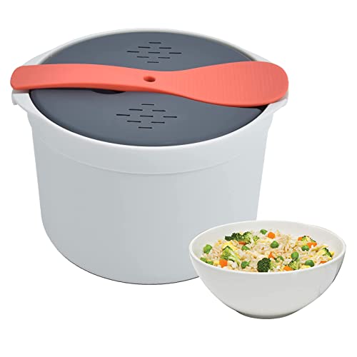 Olla Arrocera para Microondas, Gran Rendimiento de Sellado, Juego de Olla Arrocera Al Vapor, Material PP de Grado Alimenticio de 2 L, Colador de Tapa de Cuchara de Arroz(Naranja)