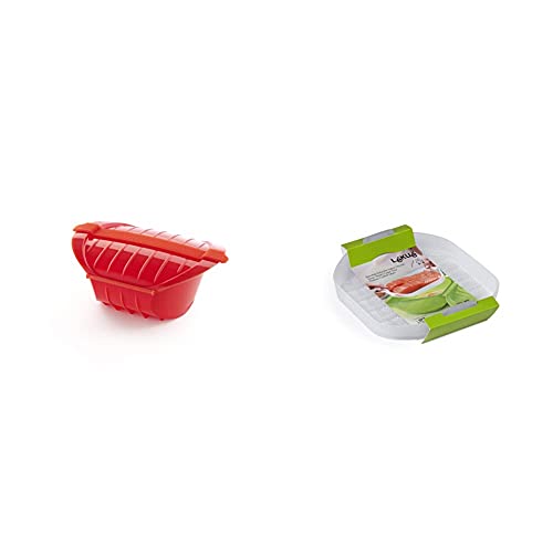 Lékué Ogya Rojo Estuche Vapor, Silicona Platino, 1-2 Personas + Bandeja Para Estuche De Vapor Hondo, Transparente 1-2 Personas, Silicona