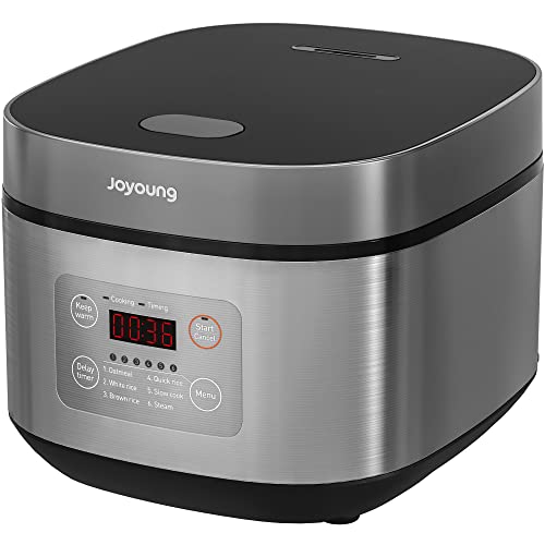 JOYOUNG Olla arrocera Vaporera 4L 8 tazas 860W Multi Olla Antiadherente Mini Olla arrocera Avena Mantener caliente Pantalla LED, Metal, Gris