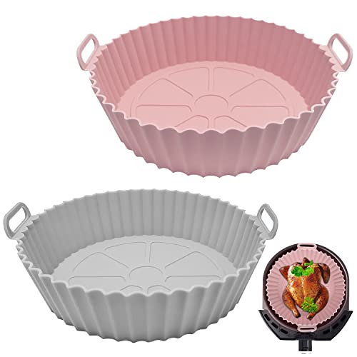 2 Piezas Extra Grande Olla de Silicona para Freidora de Aire, Silicona Freidora Aire Reutilizables y Antiadherentes,Accesorios Airfryer para Hornear Pasteles Microondas, etc (Rosa + Gris)