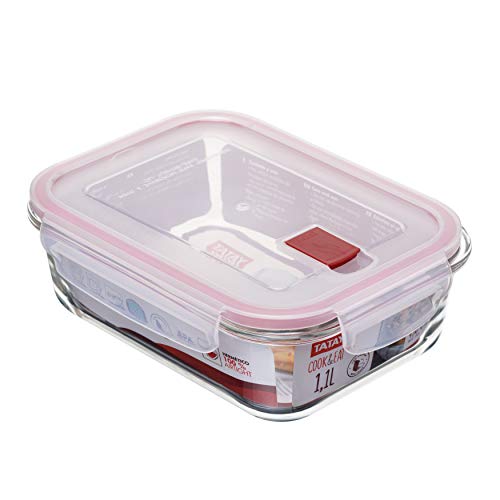Tatay Fiambrebra de Alimentos, Vidrio, Hermética, 1.1 L de Capacidad, Tapa de Clip, Libre de BPA, Apto Microondas, Horno, Congelador y Lavavajillas, Color Rojo, Medidas 15.7 x 20.7x 6.9 cm