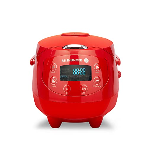 Reishunger Mini Olla Arrocera Eléctrica y Vaporera en Rojo hasta 3 Personas (0.6 l) – Hervidor de Arroz con 8 Programas - Con Pantalla LED y Función Automática de Mantenimiento del Calor