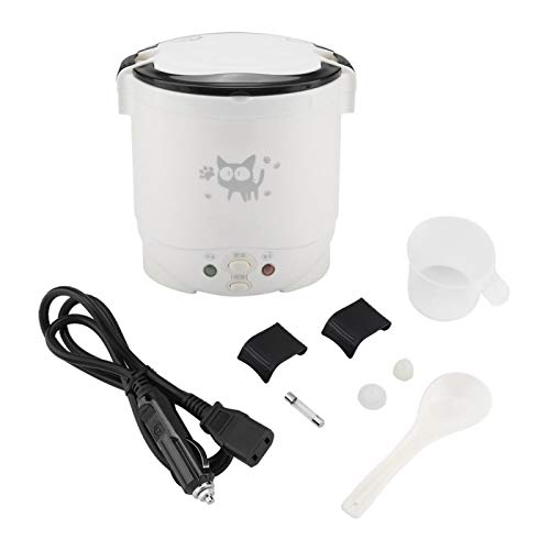 1L 12V 100W Olla Arrocera Eléctrica, Olla Arrocera Portátil Multifunción para Coche Mini Hervidor de Arroz de Viaje, Doble Hebilla de Aeguridad (Blanco)