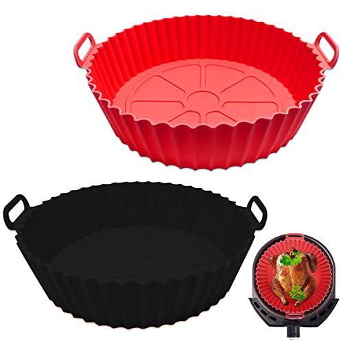 2 Piezas Grande Olla de Silicona para Freidora de Aire, Silicona Freidora Aire Reutilizables y Antiadherentes,Accesorios Airfryer para Hornear Pasteles Microondas, etc (Negro + marrón)