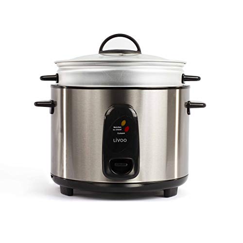 LIVOO Feel good moments - Cocinador de arroz y vapor de acero inoxidable, capacidad de 1.8L, función de mantenimiento de calor, apagado automático, tazón de dosificación y cuchara incluidos, 700W. DOC100A Plata
