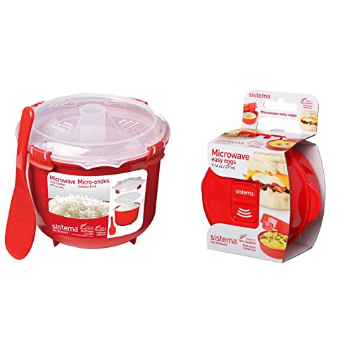 Sistema Olla de Vapor para Arroz, Color Rojo + Apta para microondas fácil de Huevos, 270 ml, cocinar Tortilla