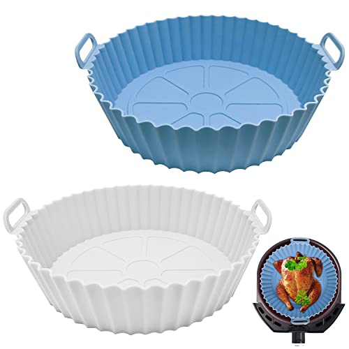2 Piezas Extra Grande Olla de Silicona para Freidora de Aire, Silicona Freidora Aire Reutilizables y Antiadherentes,Accesorios Airfryer para Hornear Pasteles Microondas, etc (Azul + Blanco)