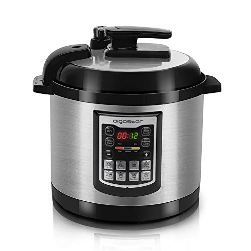 Aigostar Mila - Olla a presión electrica, 6 litros capacidad, 1000W, gran pantalla LED, olla programable, 8 funciones y modo manual, función mantener caliente, acero inoxidable antiadherente.