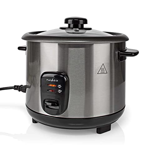 Nedis - Arrocera - Revestimiento antiadherente - Cuenco extraíble - Apagado automático - Acero inoxidable - Bandeja interior extraíble - Hasta 5 porciones de arroz - 500 W - 1,5 L - Plata