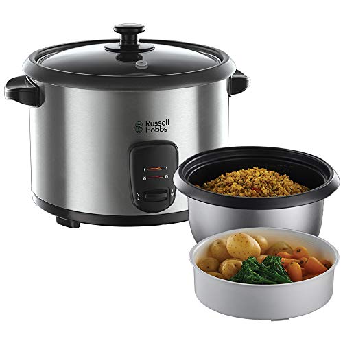 Russell Hobbs Arrocera Cook@Home - Capacidad 1,8 litros, 10 Tazas, Bandeja para Cocinar al Vapor, Función Mantener el Calor, Recipiente Antiadherente, Acero Inoxidable, Tapa Vidrio, 700 W - 19750-56