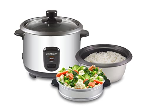 Beper - Olla Arrocera y Vaporera de Acero 2 en 1, Capacidad 1 L para 625 gr de Arroz, Sistema de Mantenimento del Calor, Medidor y Cuchara para el Arroz, Plata y Negro