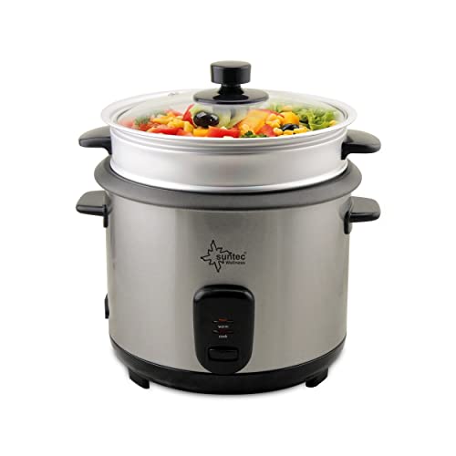 SUNTEC Arrocera y vaporera 2 en 1 – Tapa de 1 litro, acero inox. con capa antiadherente – Recipiente para cocer verduras – Con conservación de calor – Cuchara y taza medidora – RKO-9974 Thuy-Denise