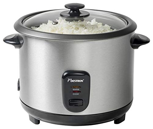 Bestron Olla Arrocera Grande con Recipiente de Cocción al Vapor y Función de Retención de Calor, 1,8 Litros, 700 Vatios, Acero Inoxidable