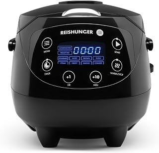 Reishunger Mini Olla Arrocera Eléctrica y Vaporera en Negro hasta 3 Personas (0.6 l) – Hervidor de Arroz con 8 Programas - Con Pantalla LED y Función Automática de Mantenimiento del Calor