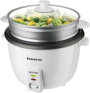 Taurus Rice Chef - Arrocera. 700W. Capacidad 1.8L. Revestimiento antiadherente. Función de cocción y mantenimiento del calor. Accesorio cocción al vapor. Blanco