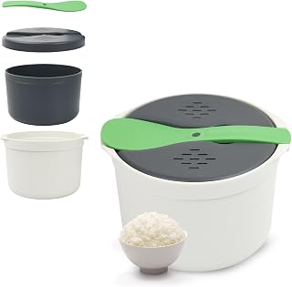 Arrocera para Microondas, Arrocera Guisada Microondas, Juego de Olla Arrocera, Vaporizador de Arroz para Horno Microondas, Máquina de Arroz de 2 Litros con Cuchara de Arroz Tapa Colador Olla de Vapor