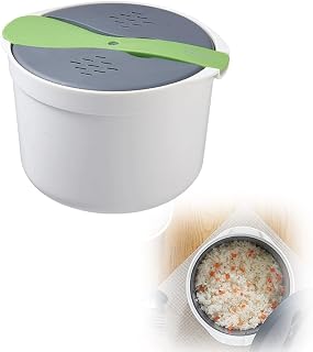 Olla arrocera para microondas de plástico de grado alimenticio de 2 L, antiadherente, para arroz y pasta, incluye colador de tapa de cuchara de arroz y olla de vapor para lavavajillas de verduras