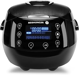 REISHUNGER Olla Arrocera Eléctrica y Vaporera – 1,5 L – Negra | hasta 8 personas – Temporizador y recipiente interior Premium – Olla multifunción, 12 programas, tecnología de 7 fases