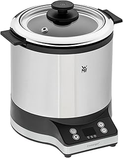 WMF Kitchenminis-Arrocera 220 W con 1 L de capacidad, con tapa recipiente, base dual, mantenimiento automático del calor, incluye taza y cuchara medidora,exterior de acero inoxidable de cromargan mate