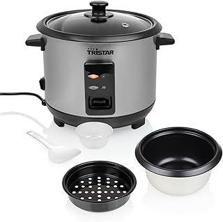 Tristar Olla Arrocera 1 L, Hasta 5 Raciones, Carcasa de Acero Inoxidable, Recipiente Antiadherente, Bandeja de Vapor, Función Mantener Caliente, 400 W, RK-6144