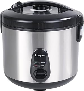 BEPER P101VAP002 Olla arrocera eléctrica con función de conservación del calor, capacidad de 625 g, revestimiento antiadherente, tapa con junta de silicona y bandeja para cocinar al vapor.