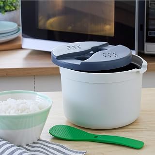 Basilico Arrocera para microondas, 2 litros, incluye cuchara, tapa, colador y olla, para arroz perfectamente cocinado sin quemarse, apta para microondas, congelador y lavavajillas, de plástico