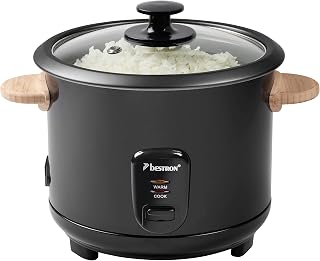Bestron Arrocera con asas de madera, para 8-10 personas, incluye taza medidora y cuchara de arroz, con función de calefacción, capacidad de 1,8 litros, 700 W, color: negro