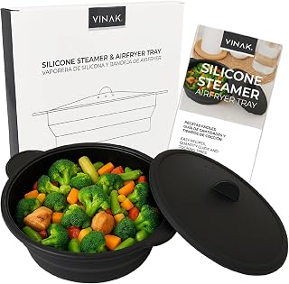 VINAK – Vaporera de silicona para microondas y airfryer | Estuche de vapor plegable de 1200 ml con bandeja interior reversible | Cocina al vapor o en freidora de aire de forma rápida y saludable