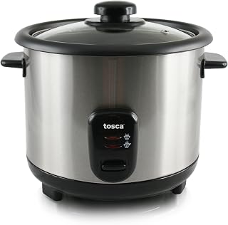 TOSCA Arrocera Eléctrica 1,5L (8 Raciones) - Olla Arrocera 500W Acero Inoxidable, Función Mantener Caliente, Tapa Cristal Templado, Antiadherente, Incluye Vaso y Cuchara, Apagado Automático Seguridad