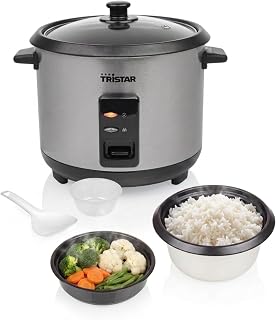Tristar Olla Arrocera, 1,5 L de Capacidad, Carcasa de Acero Inoxidable, Bandeja de Vapor, Apagado Automático, Función Mantener Caliente, 500 W, RK-6145