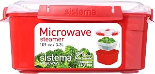 Sistema vaporera para alimentos apta para microondas con cesta vaporera extraíble | Grande: 3,2 l | Rojo/transparente